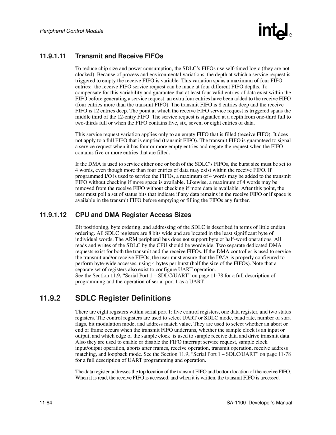 Intel SA-1100 manual Sdlc Register Definitions, Transmit and Receive FIFOs, CPU and DMA Register Access Sizes, 11-84 