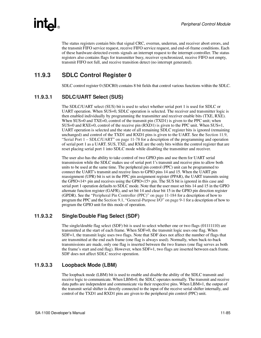 Intel SA-1100 manual Sdlc Control Register, SDLC/UART Select SUS, Single/Double Flag Select SDF, Loopback Mode LBM 