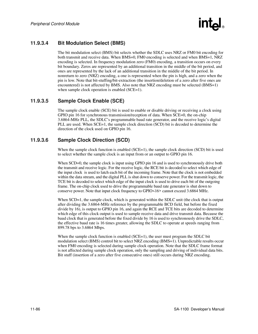 Intel SA-1100 manual Bit Modulation Select BMS, Sample Clock Enable SCE, Sample Clock Direction SCD, 11-86 