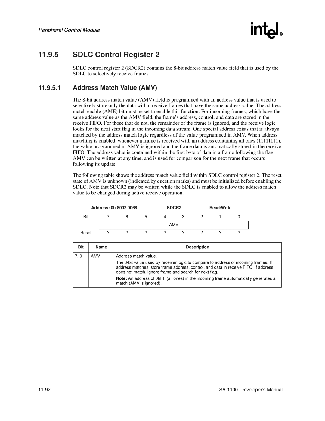 Intel SA-1100 manual Address Match Value AMV, SDCR2, Amv 