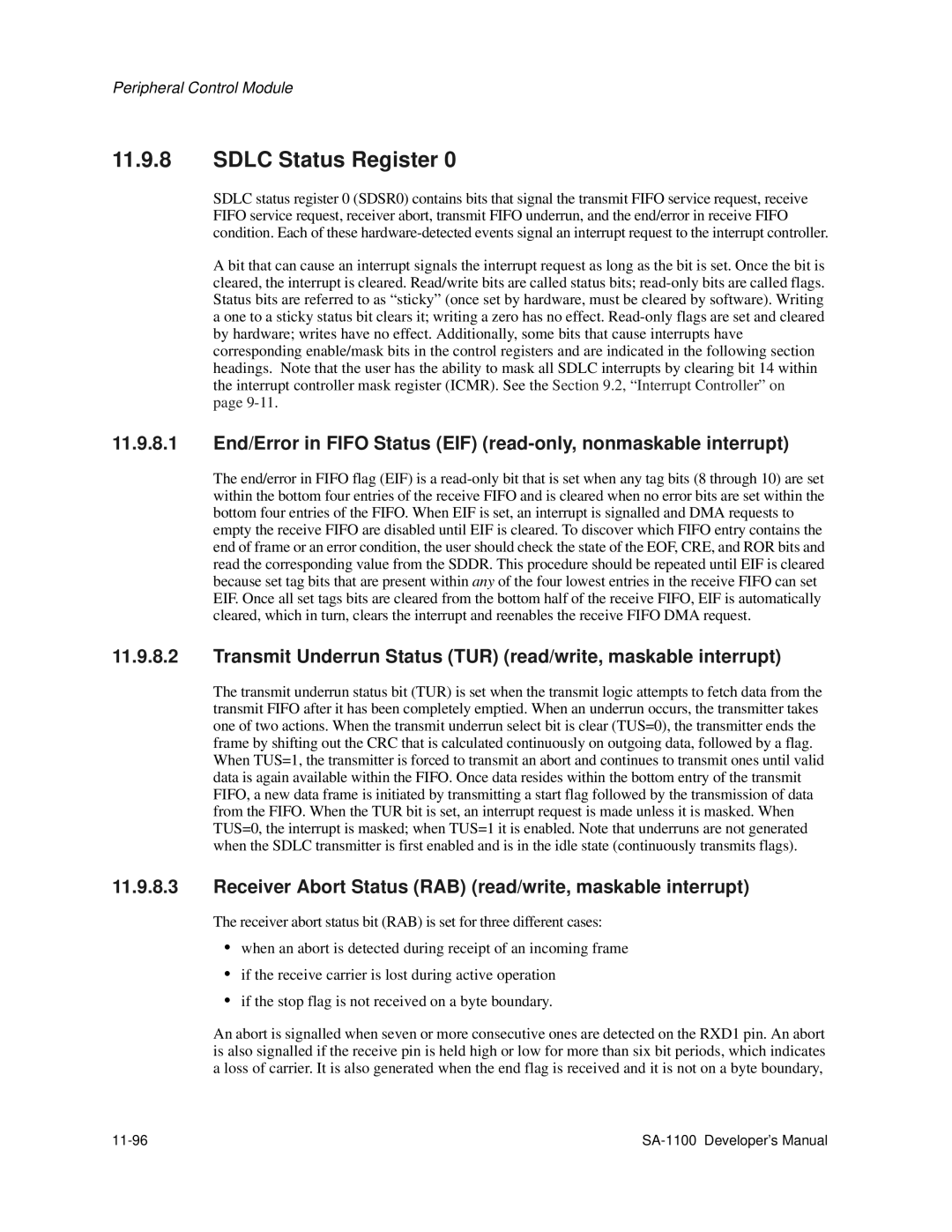 Intel SA-1100 manual Sdlc Status Register, Transmit Underrun Status TUR read/write, maskable interrupt, 11-96 