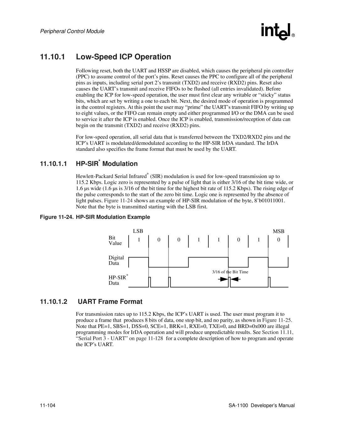 Intel SA-1100 manual Low-Speed ICP Operation, HP-SIR*Modulation, Uart Frame Format, 11-104 