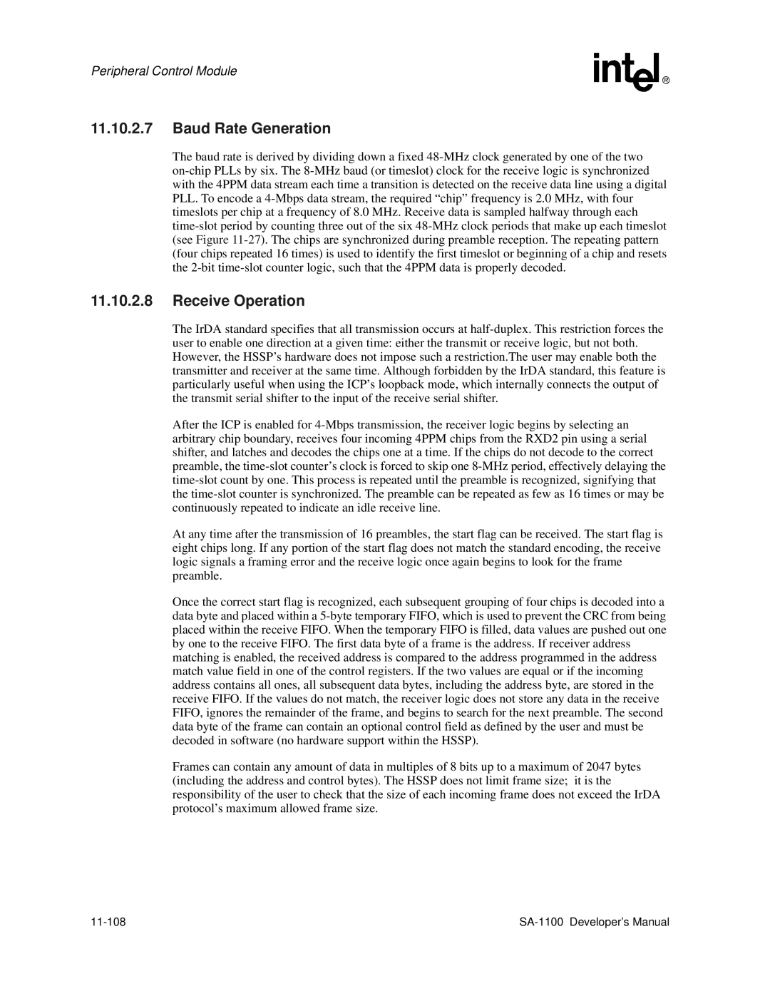 Intel SA-1100 manual Baud Rate Generation, 11-108 