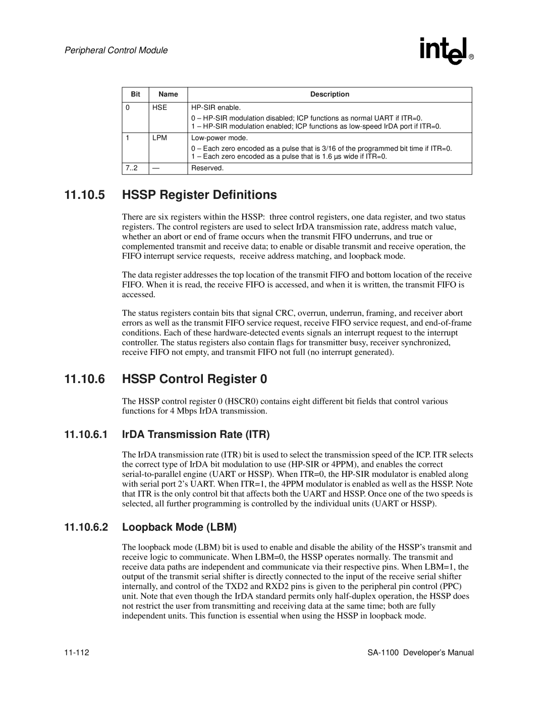 Intel SA-1100 manual Hssp Register Definitions, Hssp Control Register, IrDA Transmission Rate ITR, Lpm 