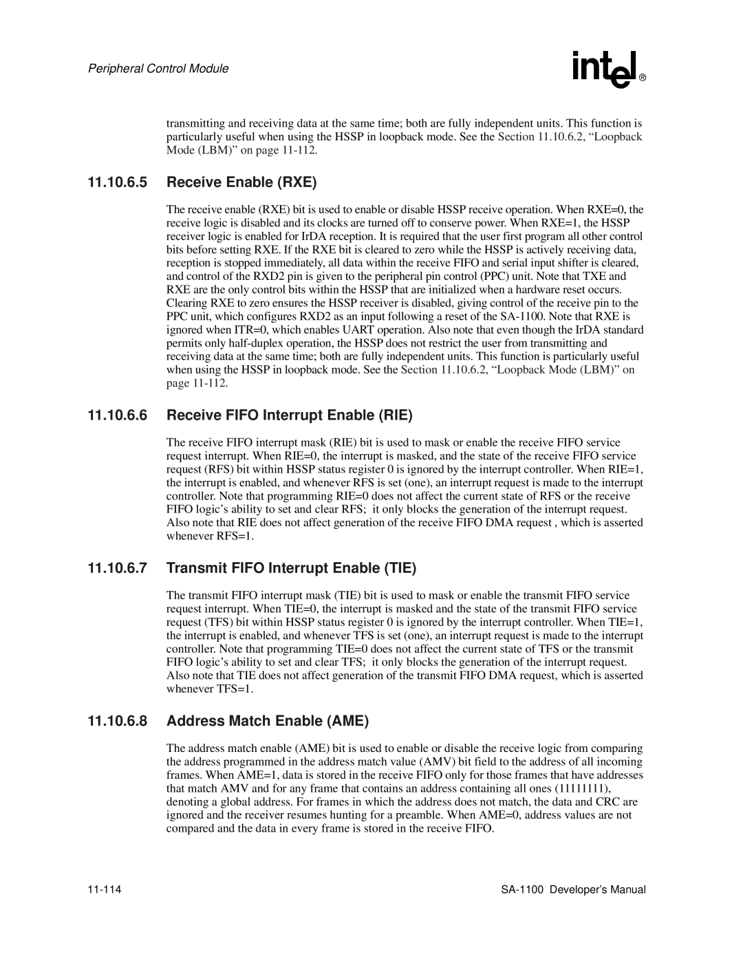 Intel SA-1100 manual Receive Enable RXE, 11-114 