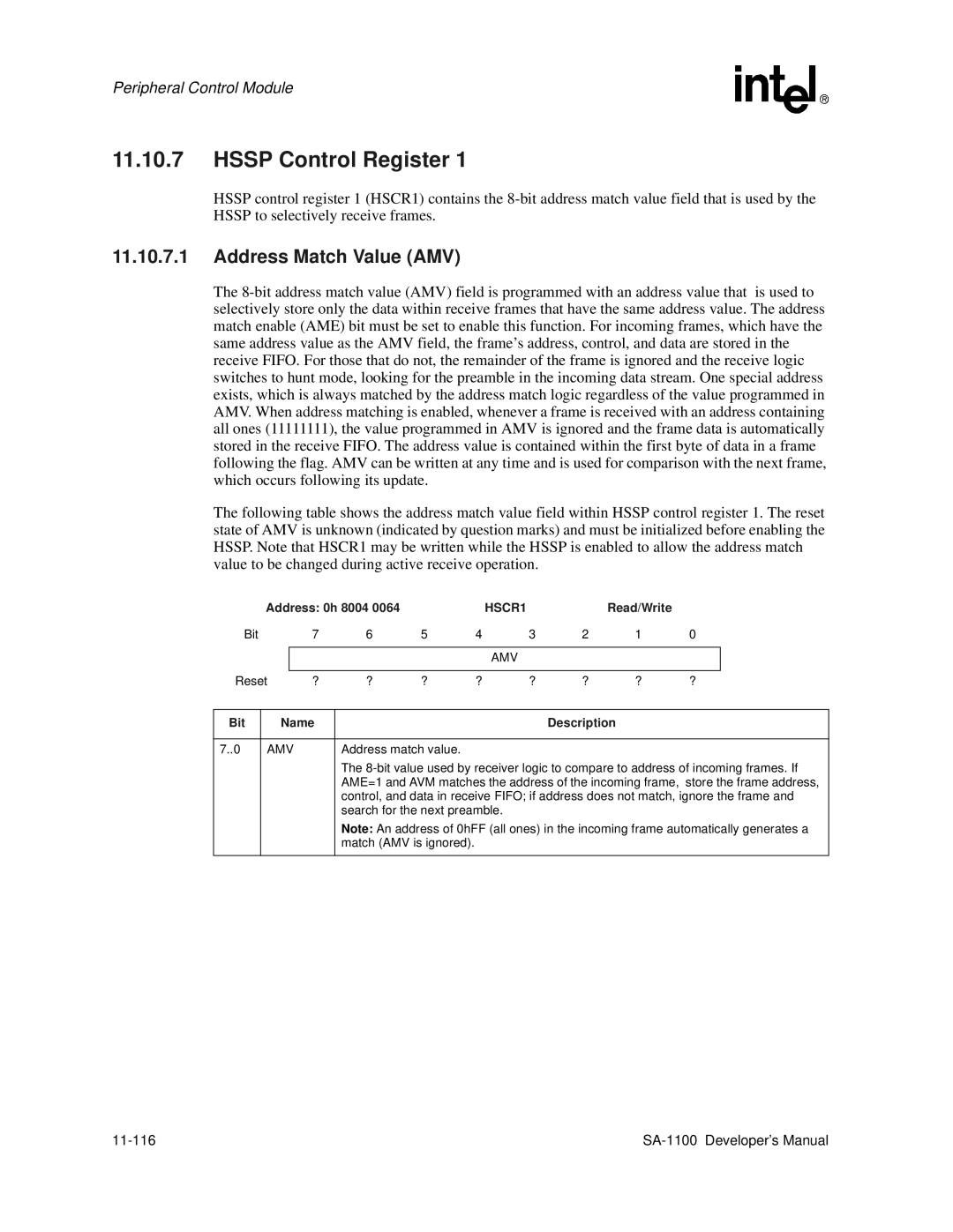 Intel SA-1100 manual HSCR1, Search for the next preamble, 11-116 