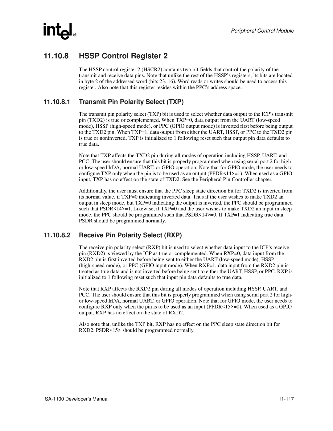 Intel SA-1100 manual Transmit Pin Polarity Select TXP, Receive Pin Polarity Select RXP 