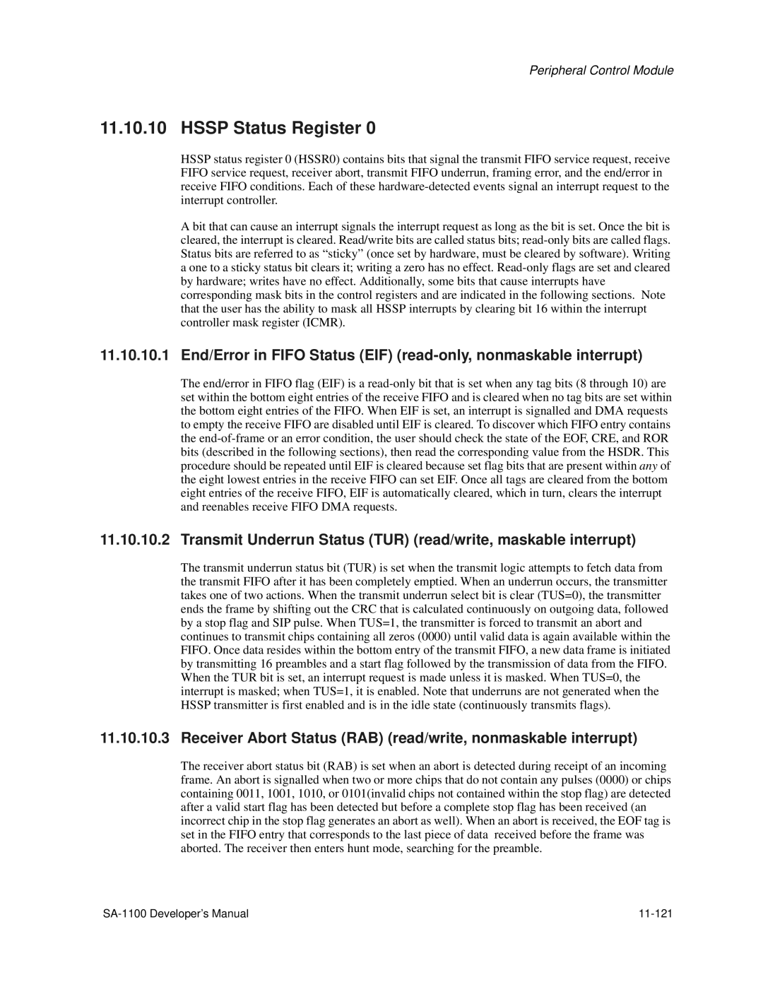 Intel SA-1100 manual Hssp Status Register, Receiver Abort Status RAB read/write, nonmaskable interrupt 