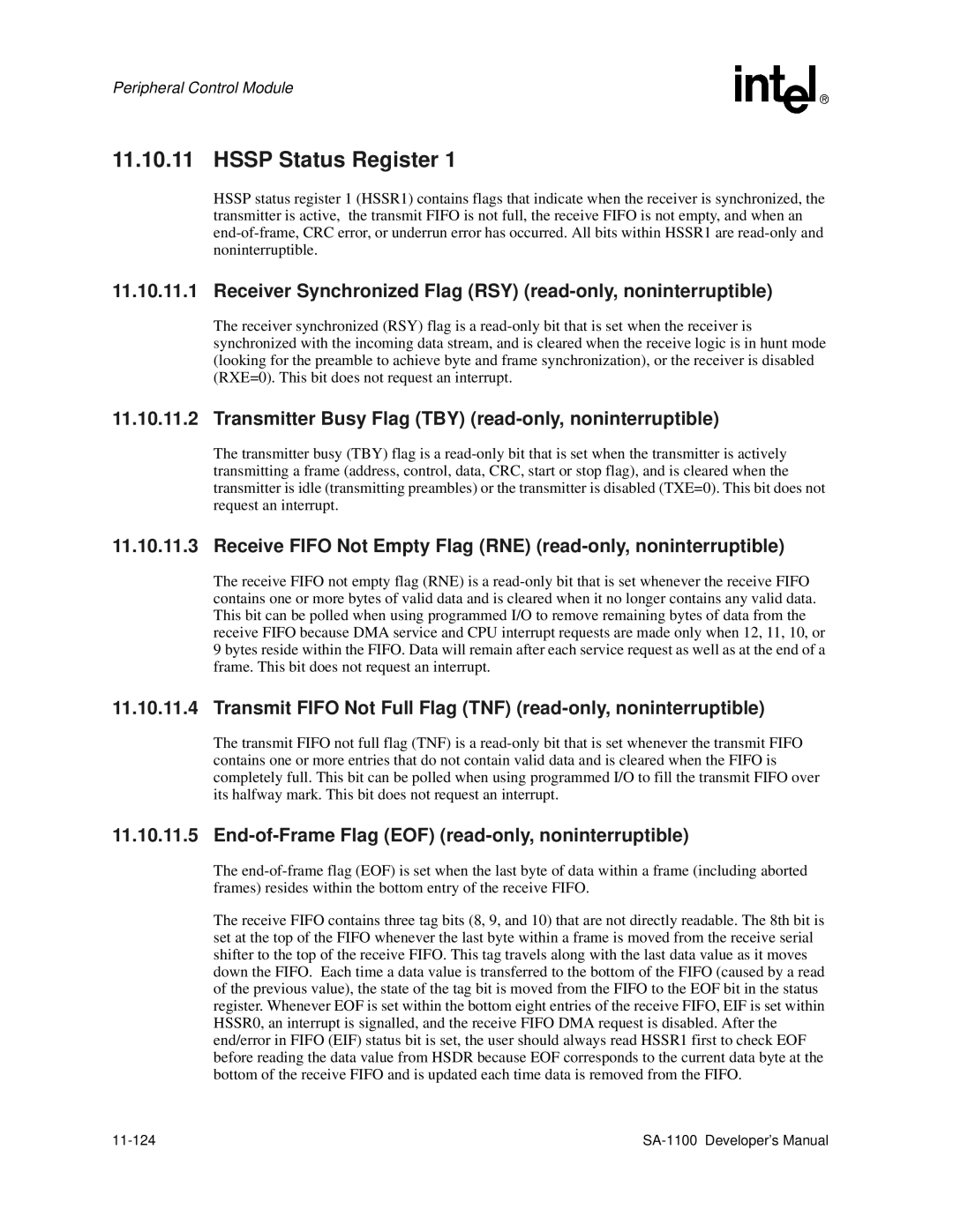 Intel SA-1100 manual End-of-Frame Flag EOF read-only, noninterruptible, 11-124 