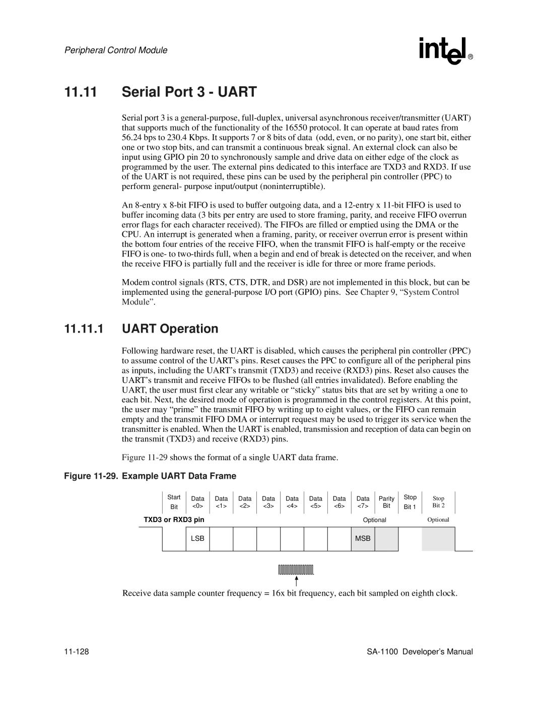 Intel SA-1100 manual Serial Port 3 Uart, Uart Operation, Lsb Msb, 11-128 