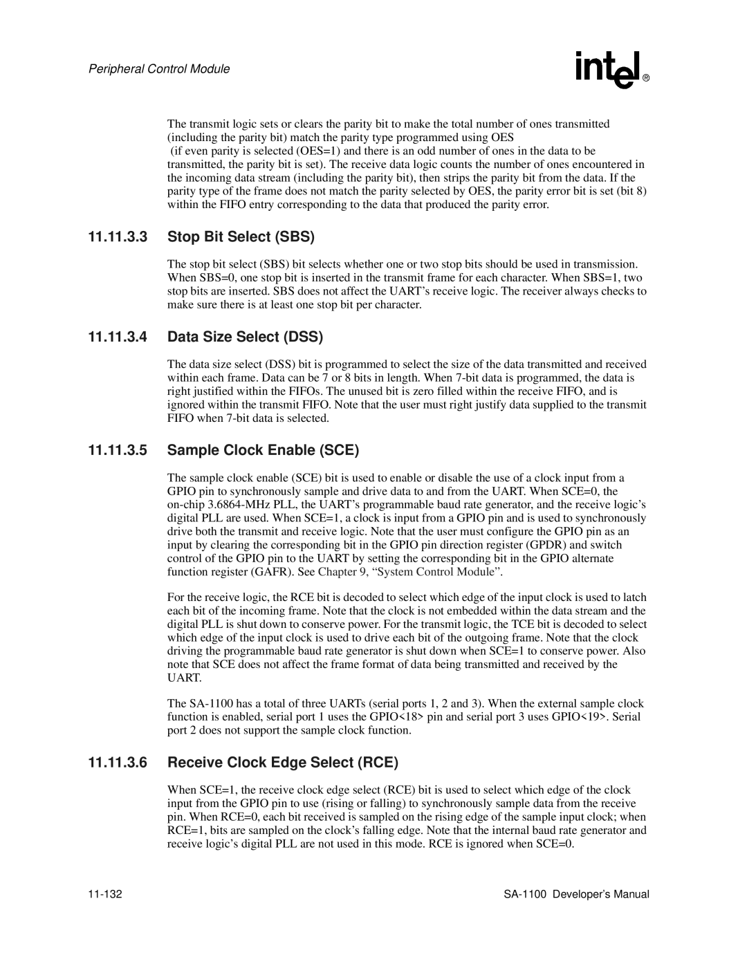 Intel SA-1100 manual Stop Bit Select SBS, Data Size Select DSS, 11-132 