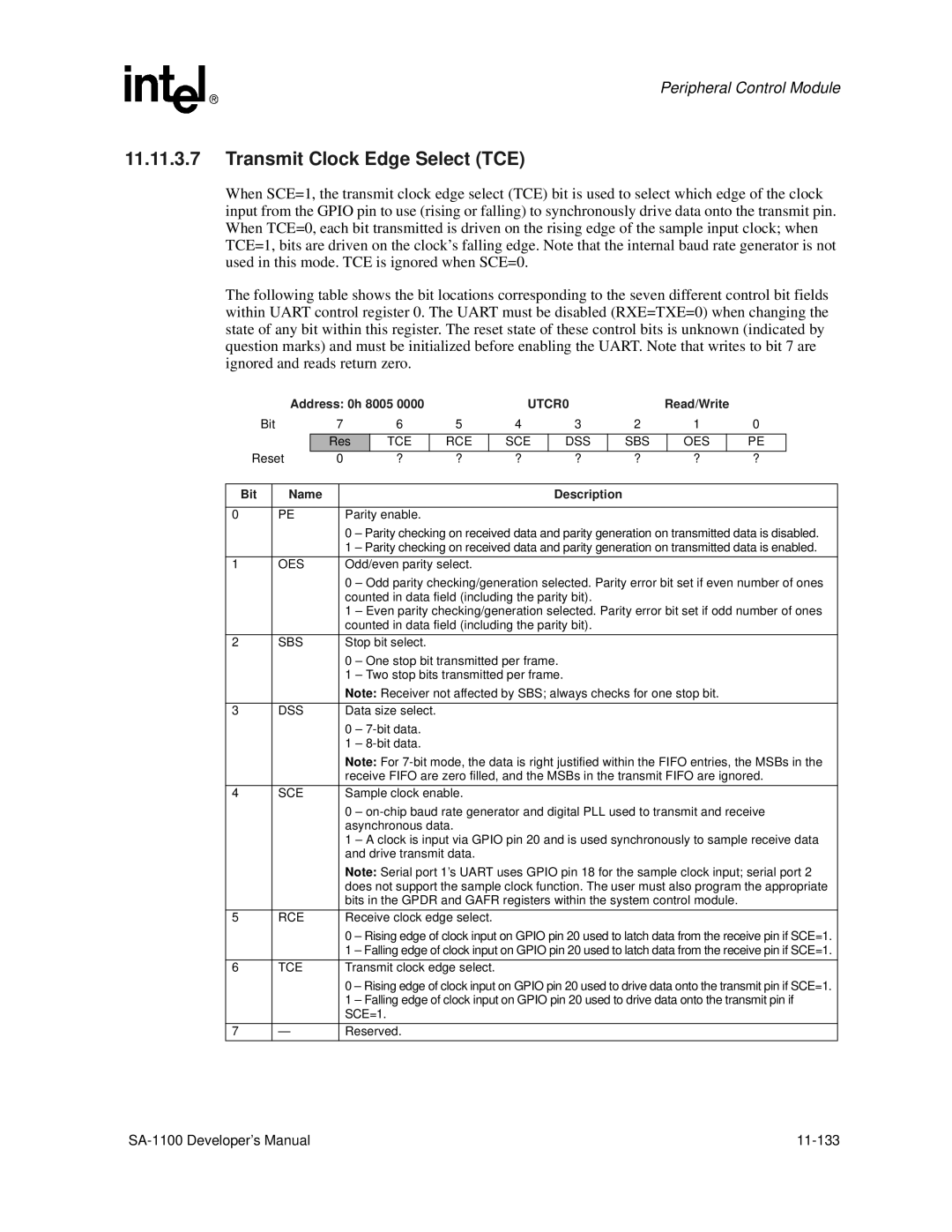 Intel SA-1100 manual UTCR0, Tce Rce Sce Dss Sbs Oes 