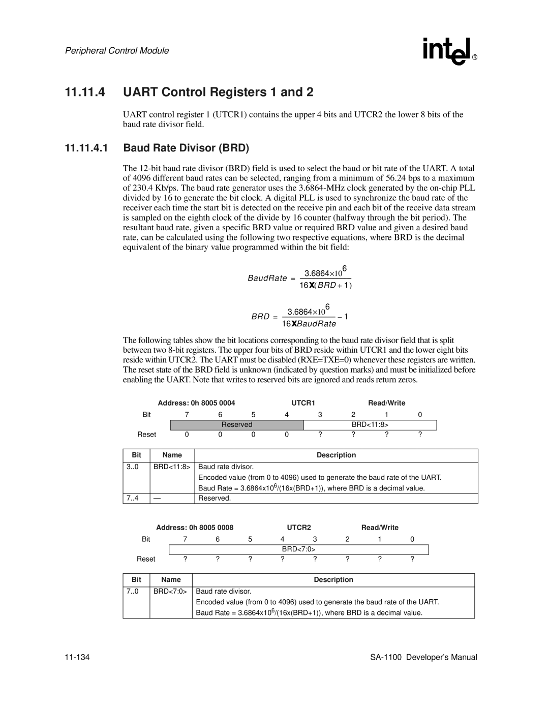 Intel SA-1100 manual Uart Control Registers 1, UTCR1, UTCR2, Bit Reset BRD70 