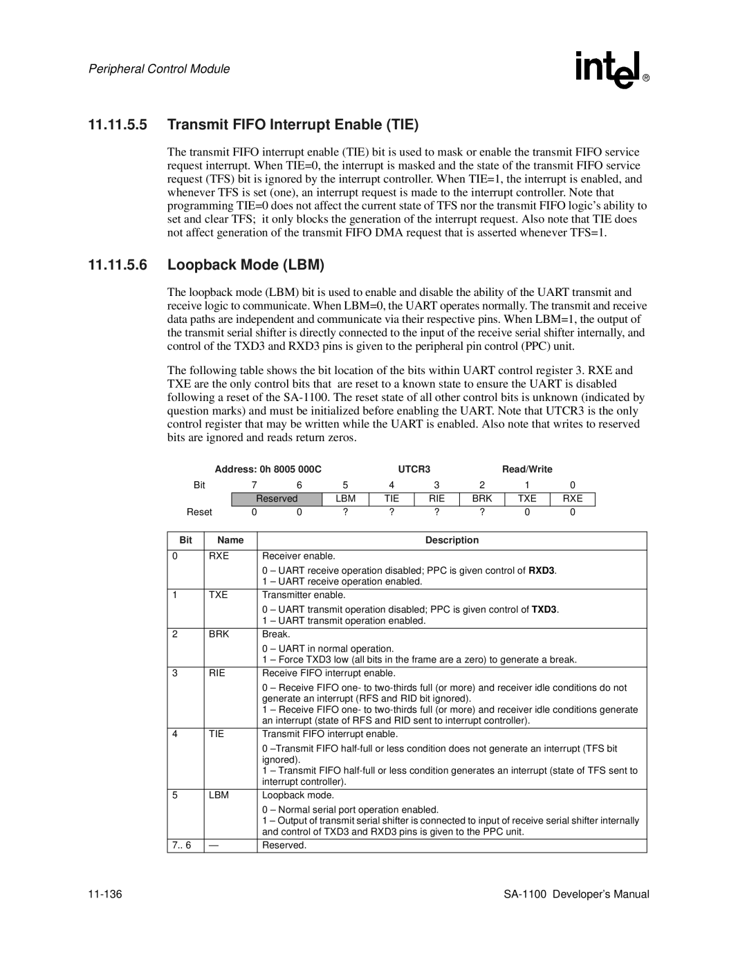 Intel SA-1100 manual UTCR3, Lbm Tie Rie Brk Txe Rxe 