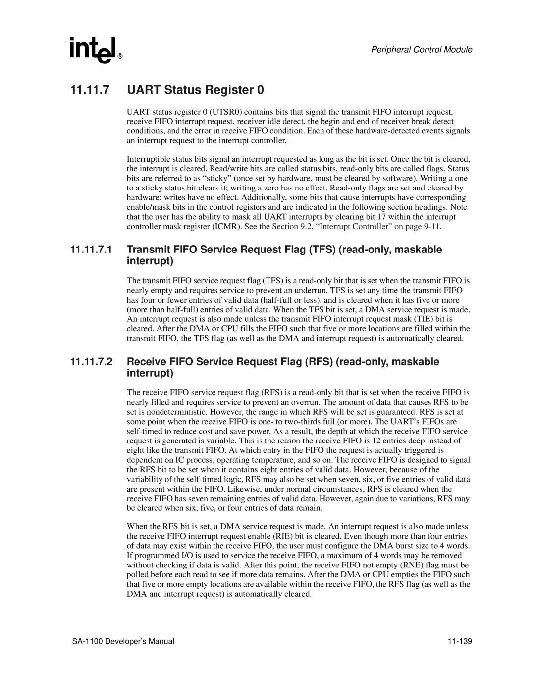 Intel SA-1100 manual Uart Status Register 