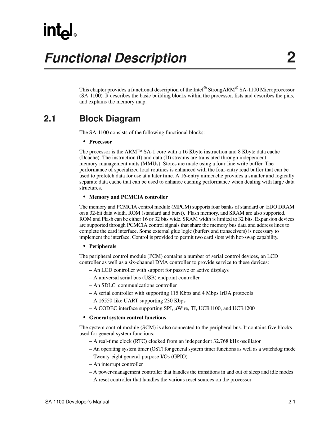 Intel SA-1100 manual Functional Description, Block Diagram 