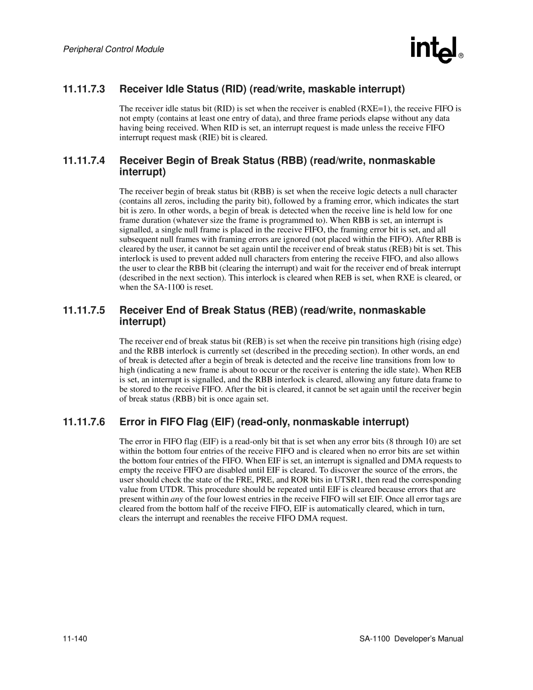 Intel SA-1100 manual Receiver Idle Status RID read/write, maskable interrupt, 11-140 