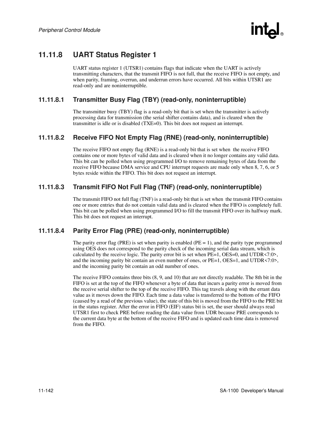 Intel SA-1100 manual Parity Error Flag PRE read-only, noninterruptible, 11-142 