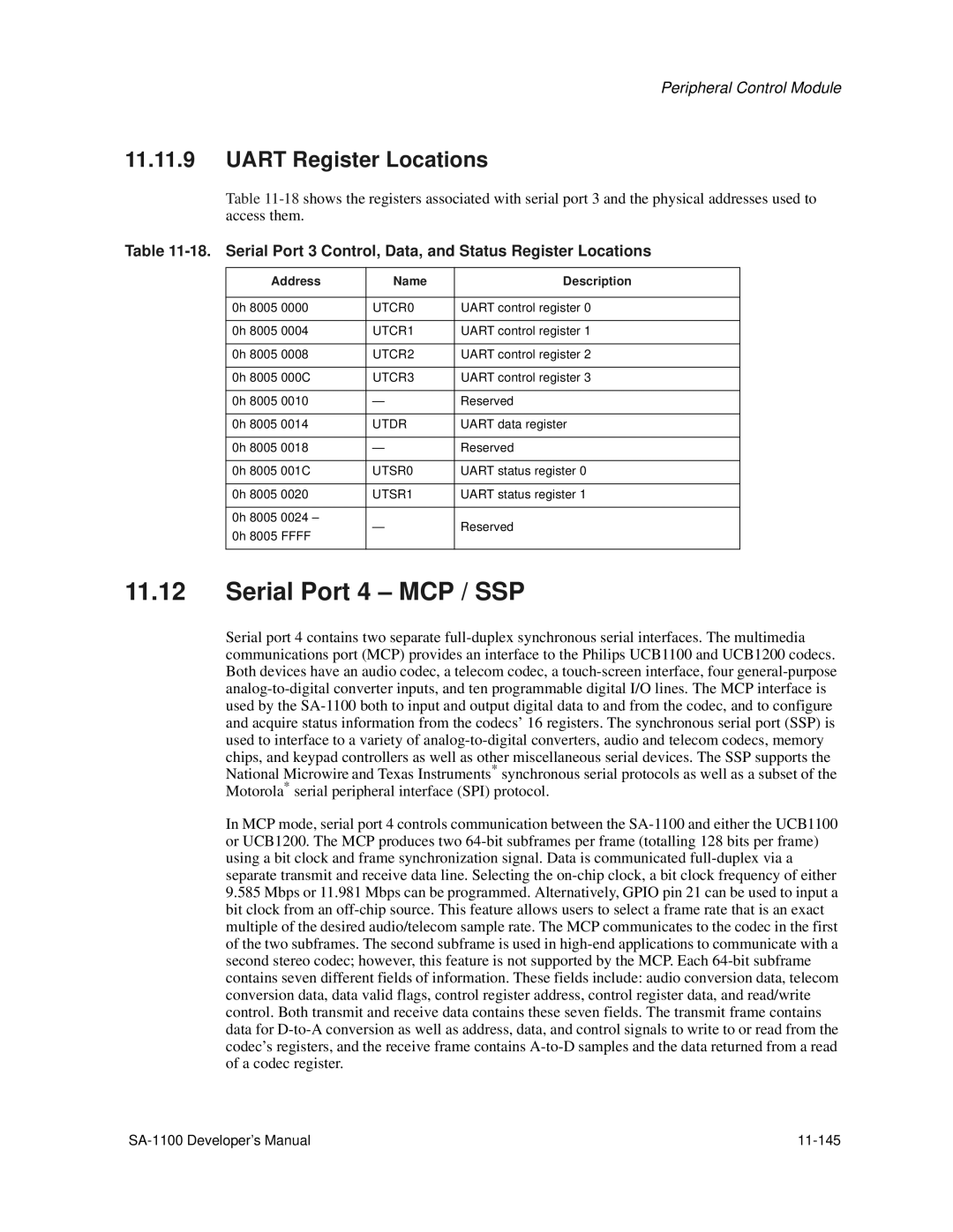 Intel SA-1100 manual Serial Port 4 MCP / SSP 