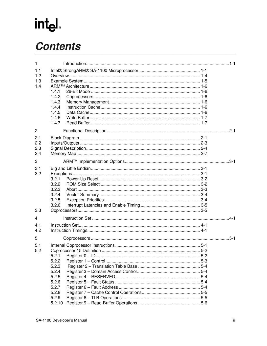 Intel SA-1100 manual Contents 