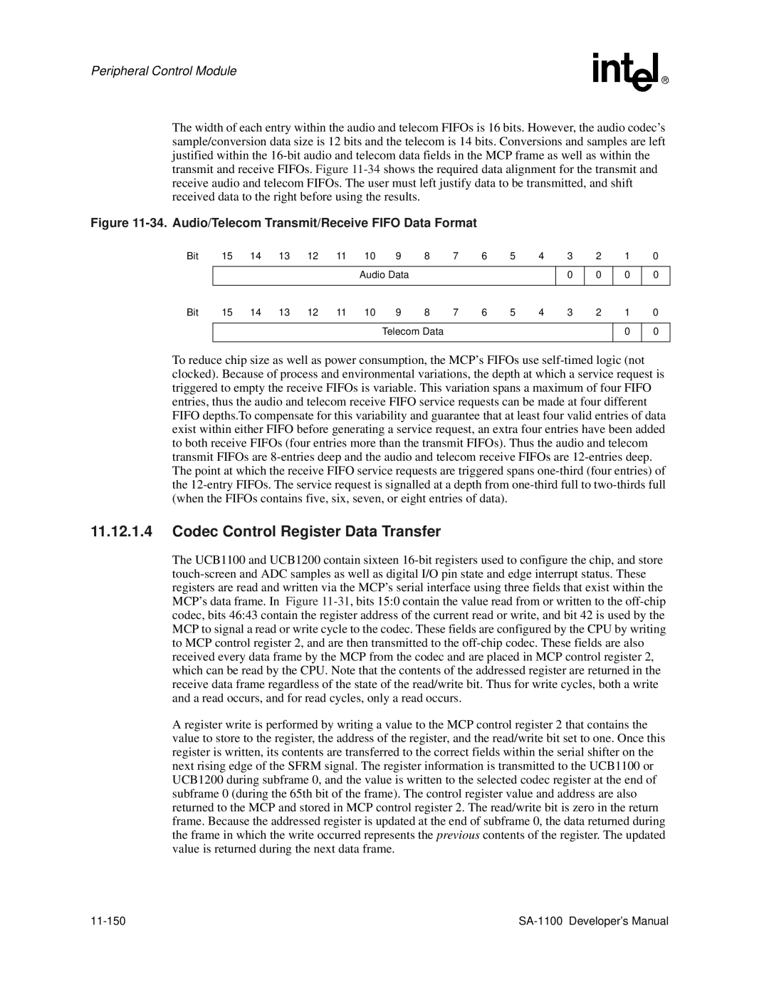 Intel SA-1100 manual Codec Control Register Data Transfer, Bit Audio Data Telecom Data, 11-150 