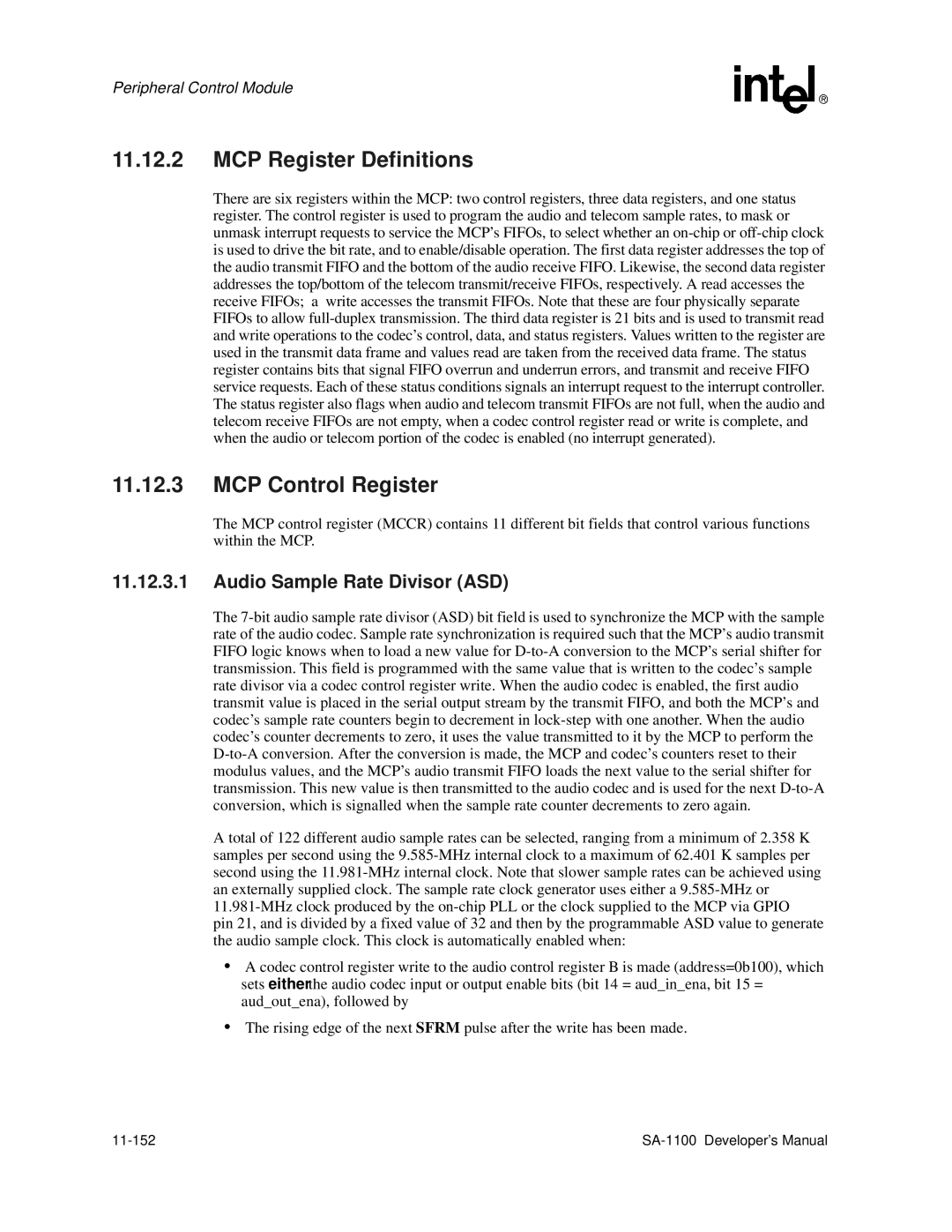 Intel SA-1100 manual MCP Register Definitions, MCP Control Register, Audio Sample Rate Divisor ASD, 11-152 