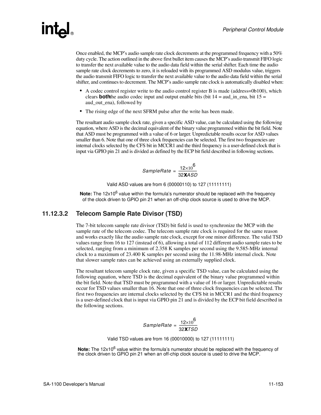 Intel SA-1100 manual Telecom Sample Rate Divisor TSD 