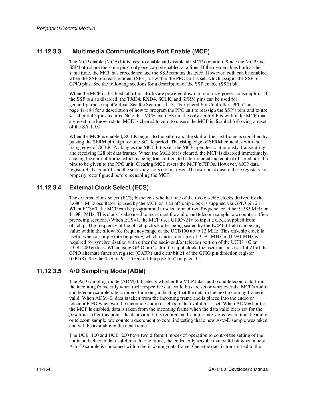 Intel SA-1100 manual Multimedia Communications Port Enable MCE, External Clock Select ECS, 11.12.3.5 A/D Sampling Mode ADM 