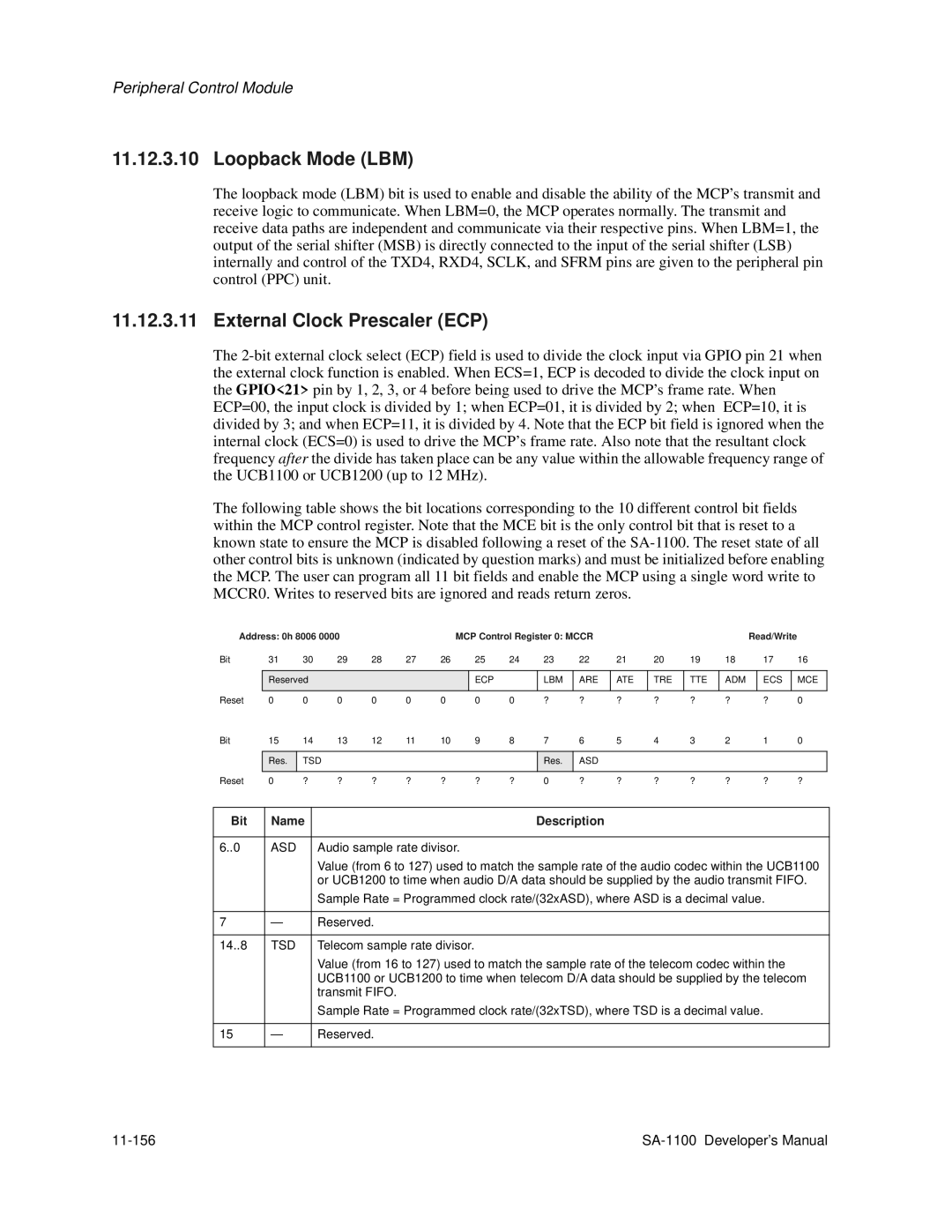 Intel SA-1100 manual External Clock Prescaler ECP, Asd, Audio sample rate divisor, Tsd 