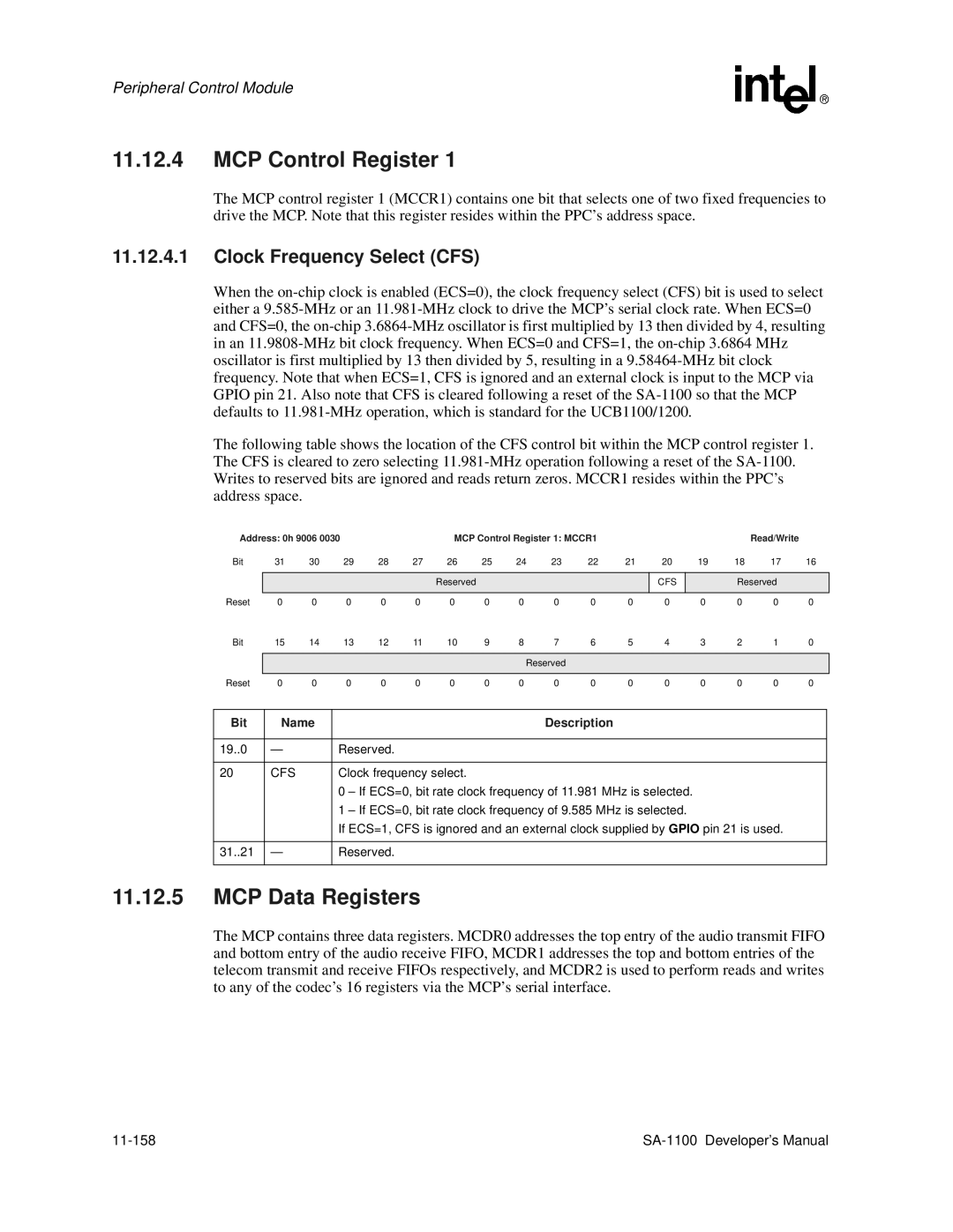 Intel SA-1100 manual MCP Data Registers, Clock Frequency Select CFS, Cfs 