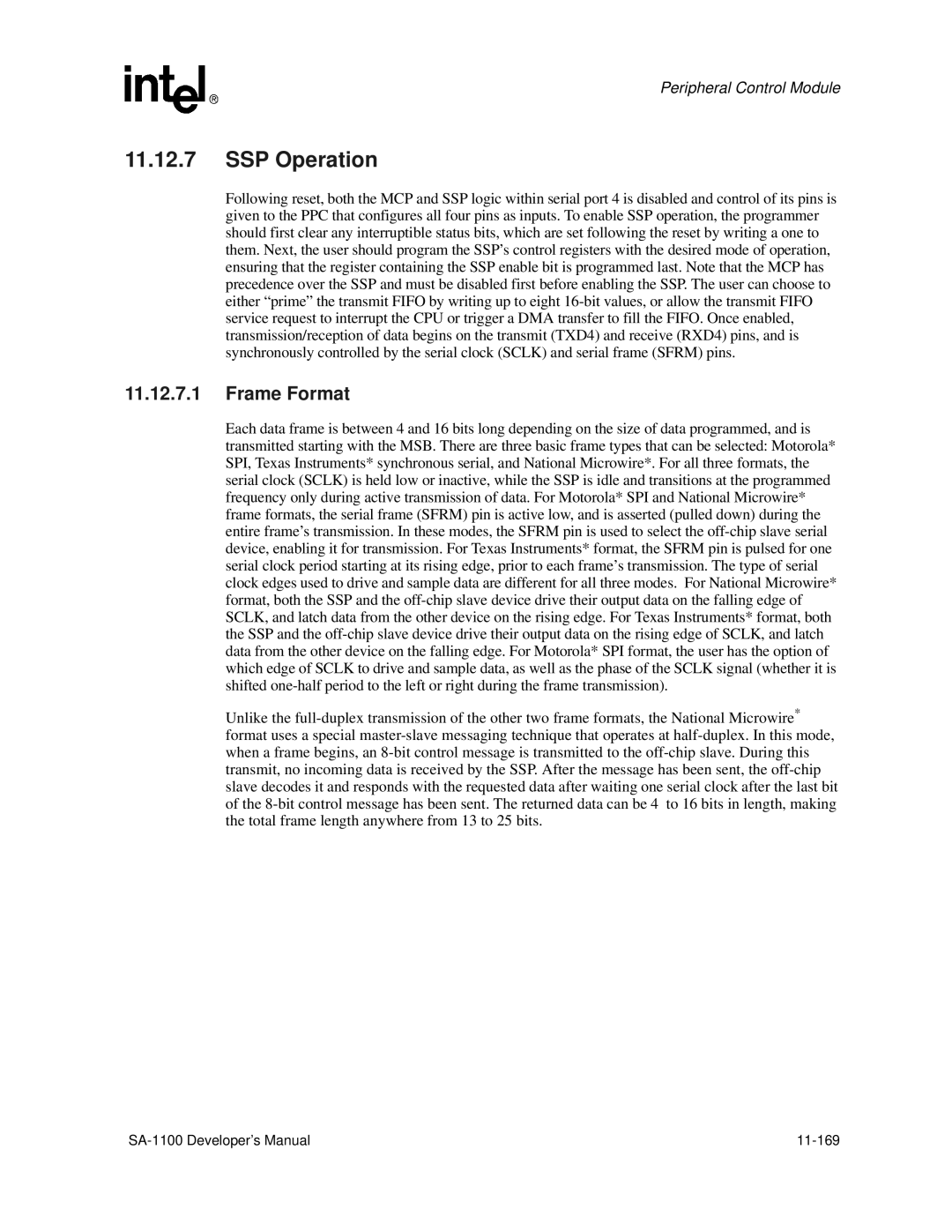 Intel SA-1100 manual SSP Operation, Frame Format 