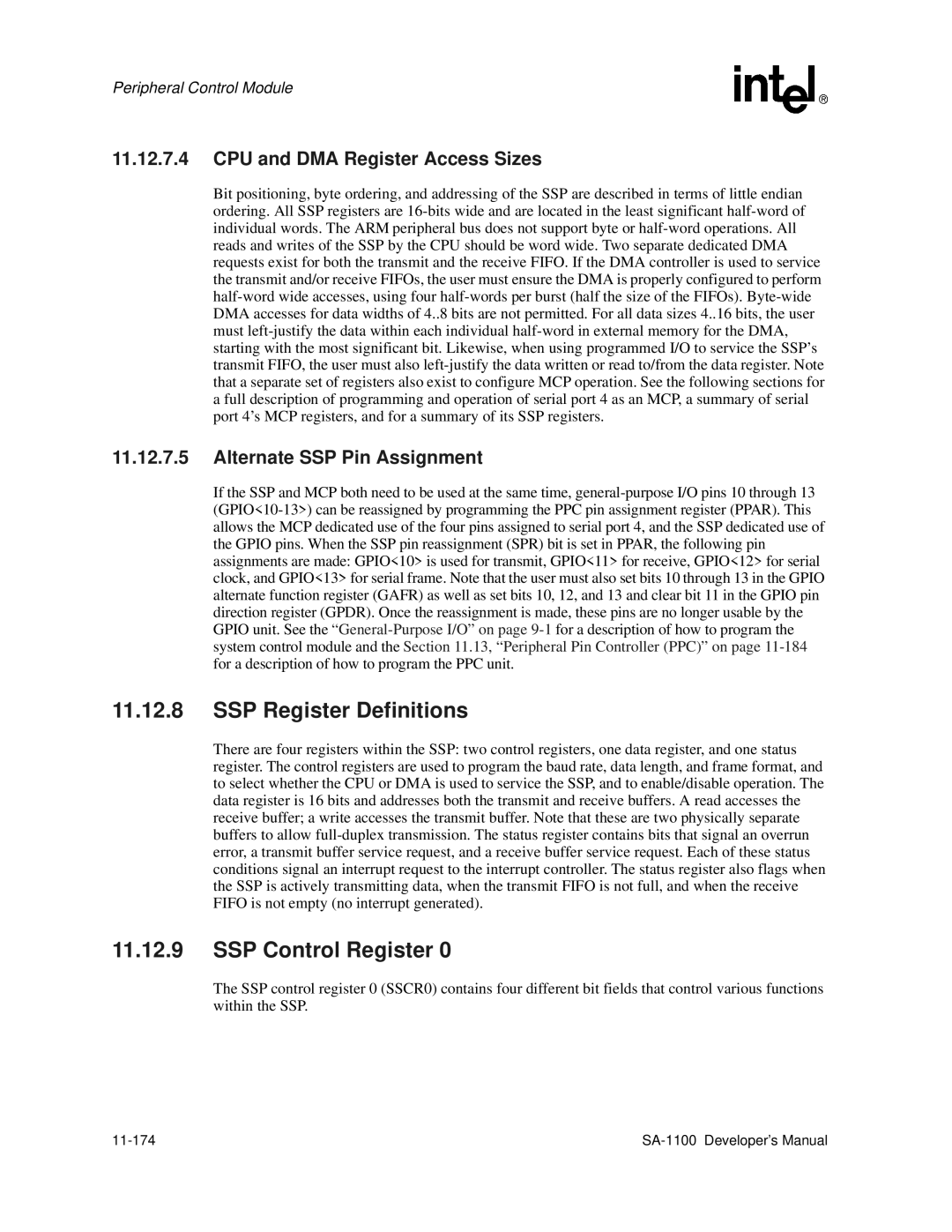 Intel SA-1100 manual SSP Register Definitions, SSP Control Register, 11-174 