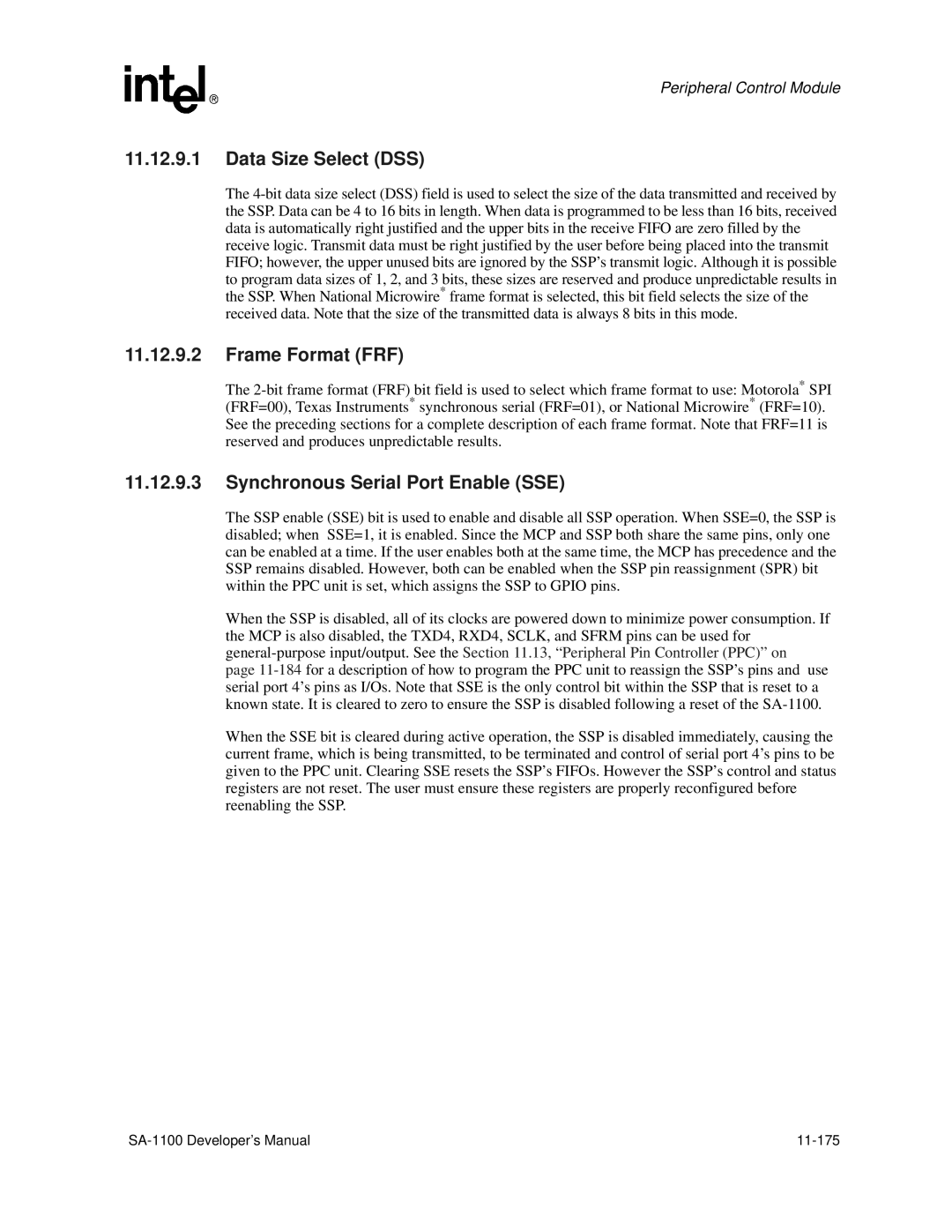 Intel SA-1100 manual Frame Format FRF, Synchronous Serial Port Enable SSE 