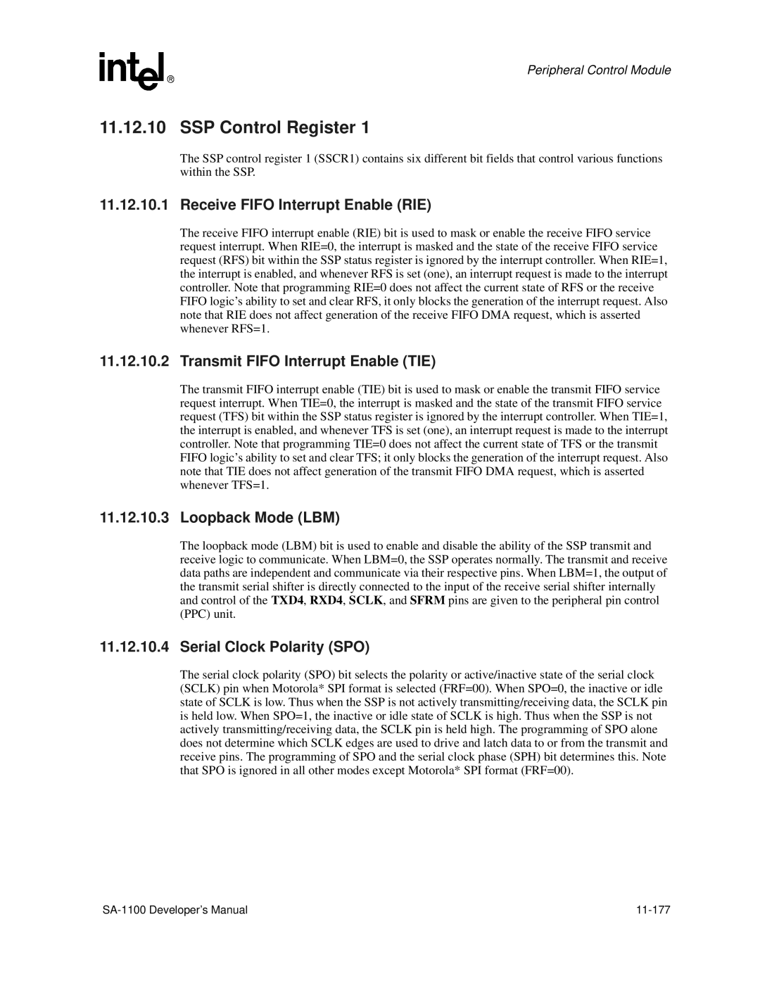 Intel SA-1100 manual SSP Control Register, Serial Clock Polarity SPO 
