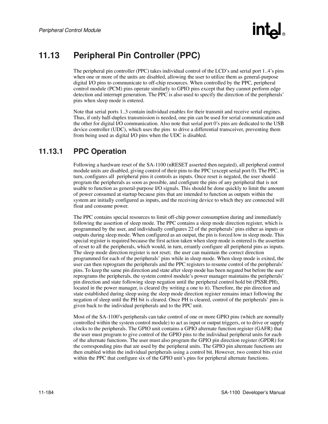 Intel SA-1100 manual Peripheral Pin Controller PPC, PPC Operation, 11-184 