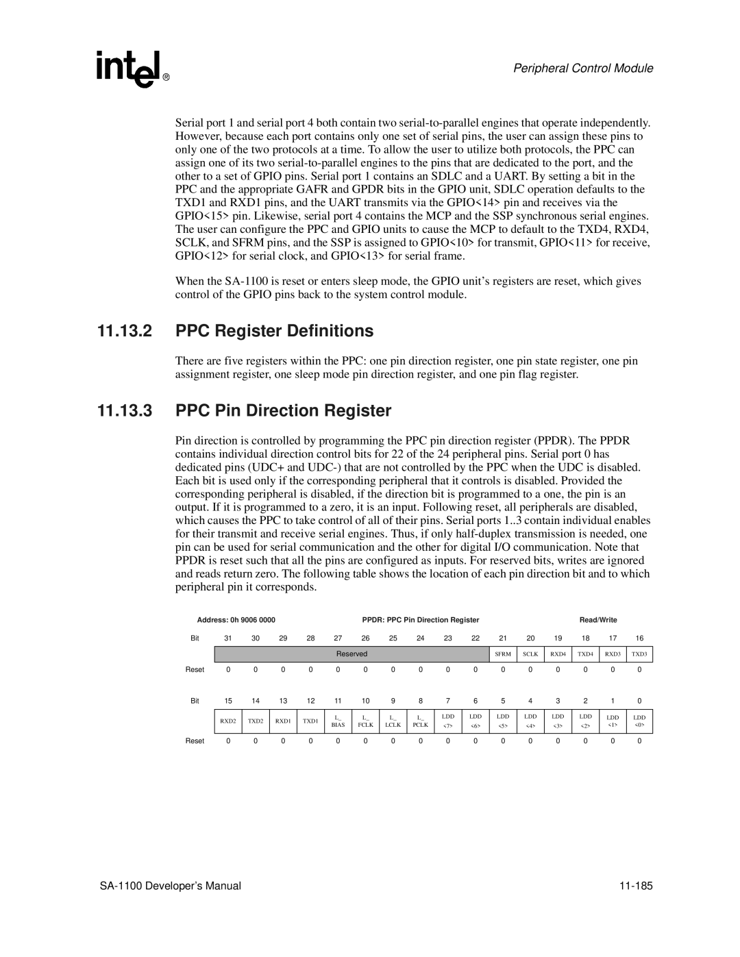 Intel SA-1100 manual PPC Register Definitions, PPC Pin Direction Register 