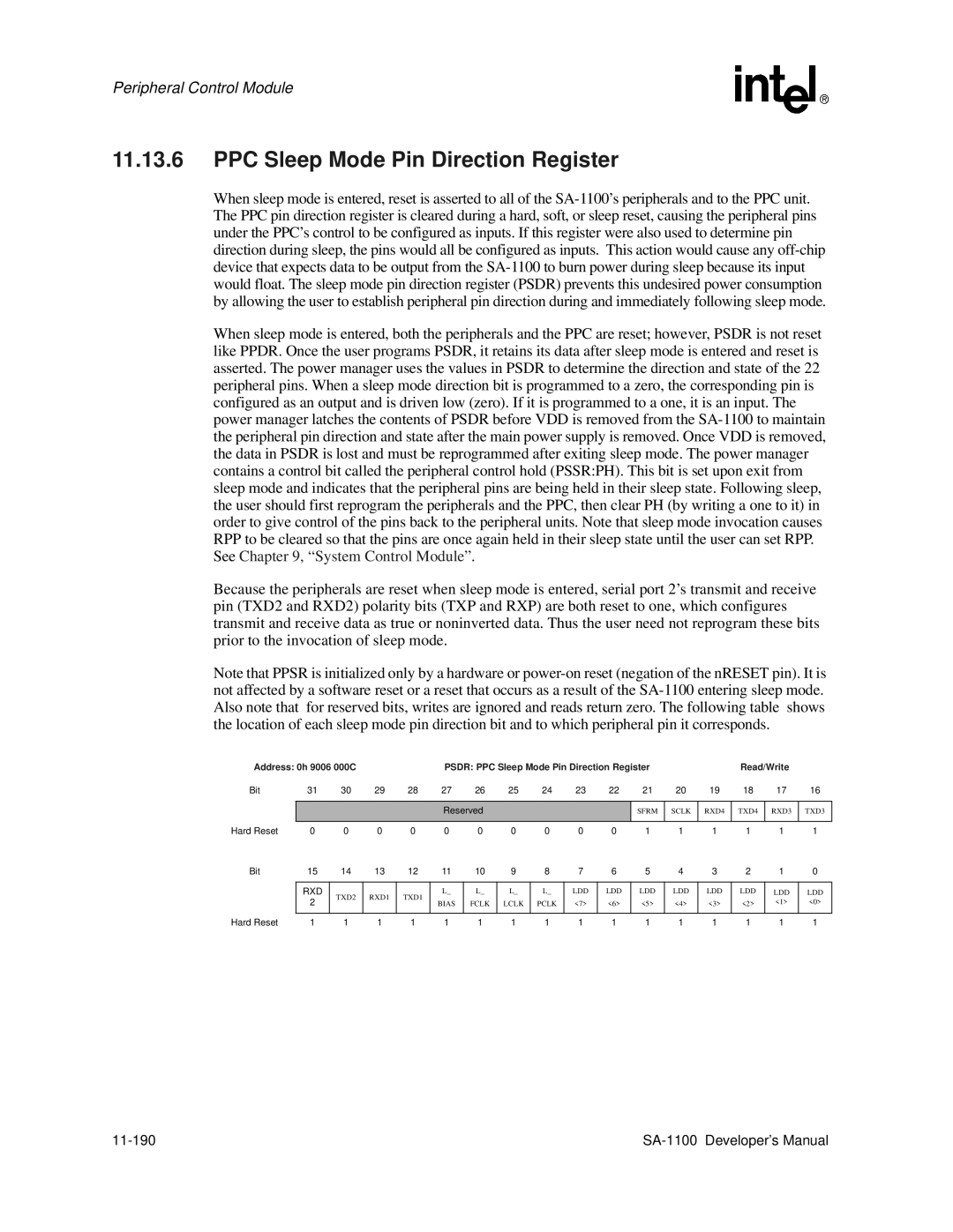 Intel SA-1100 manual PPC Sleep Mode Pin Direction Register, 11-190 