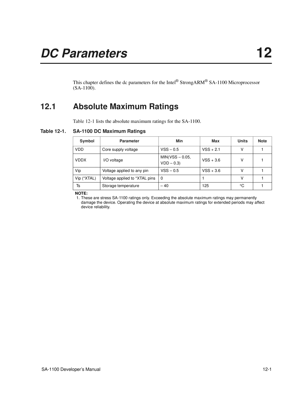 Intel manual DC Parameters, Absolute Maximum Ratings, SA-1100 DC Maximum Ratings, Symbol Parameter Min Max Units 