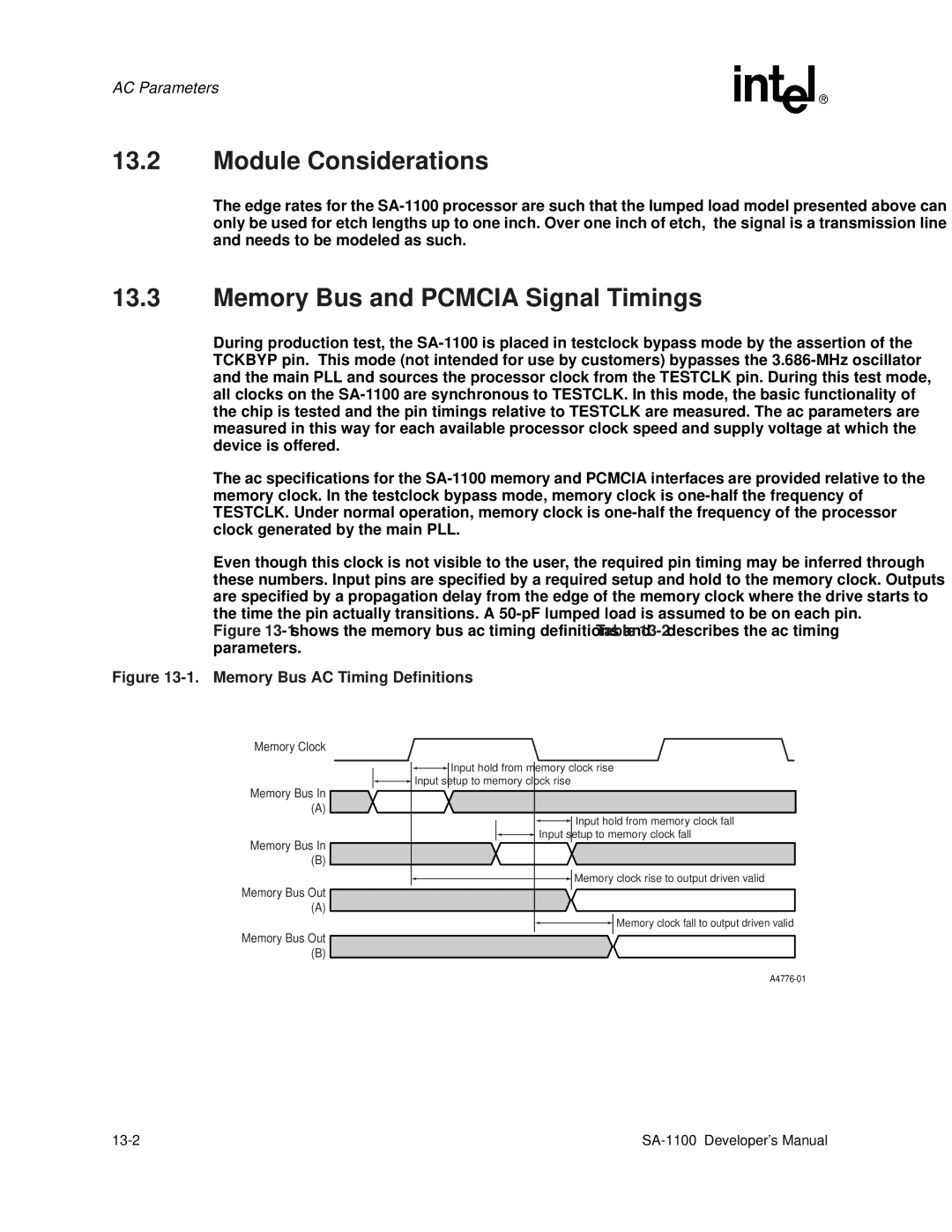 Intel SA-1100 manual Module Considerations, Memory Bus and Pcmcia Signal Timings, Memory Bus Memory Bus Out, 13-2 