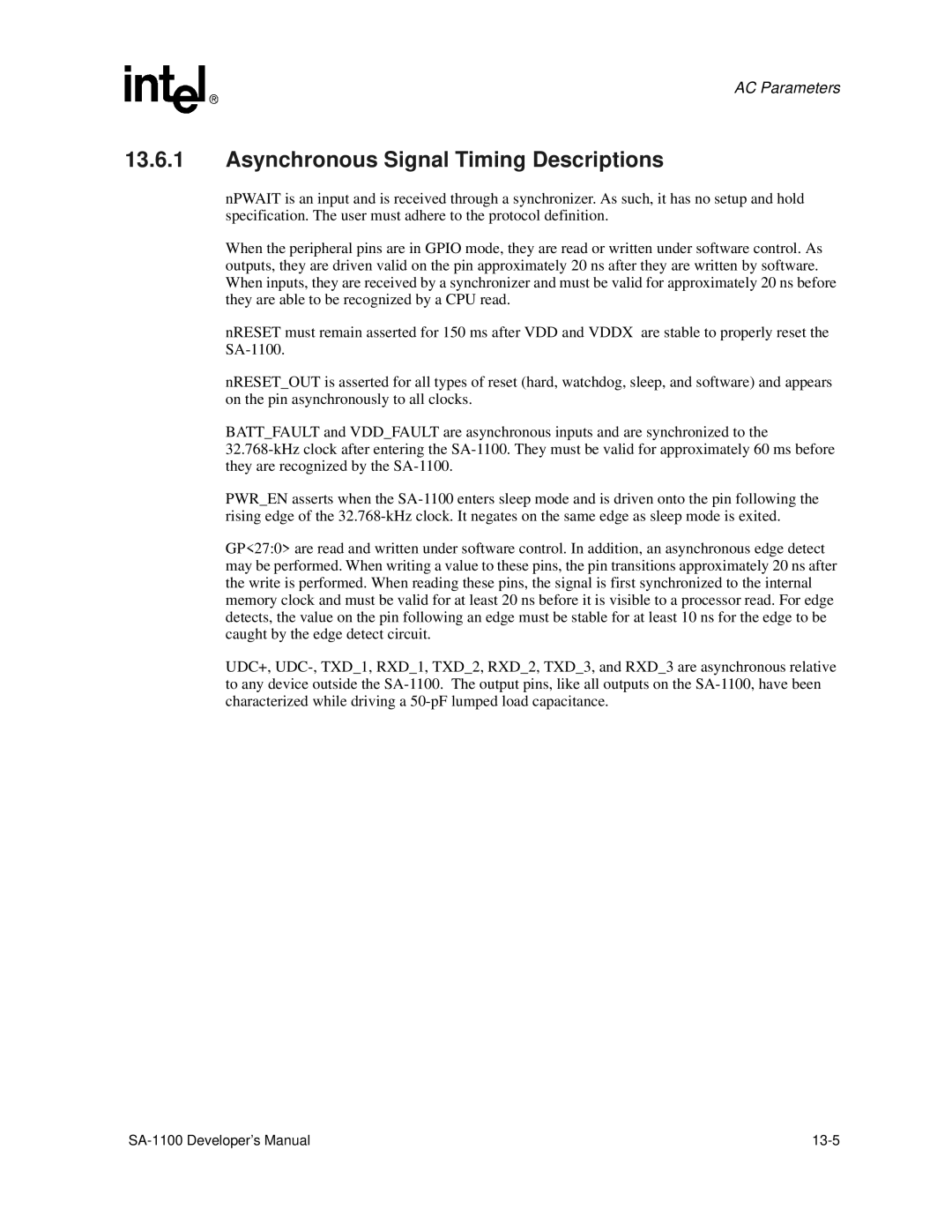 Intel SA-1100 manual Asynchronous Signal Timing Descriptions 