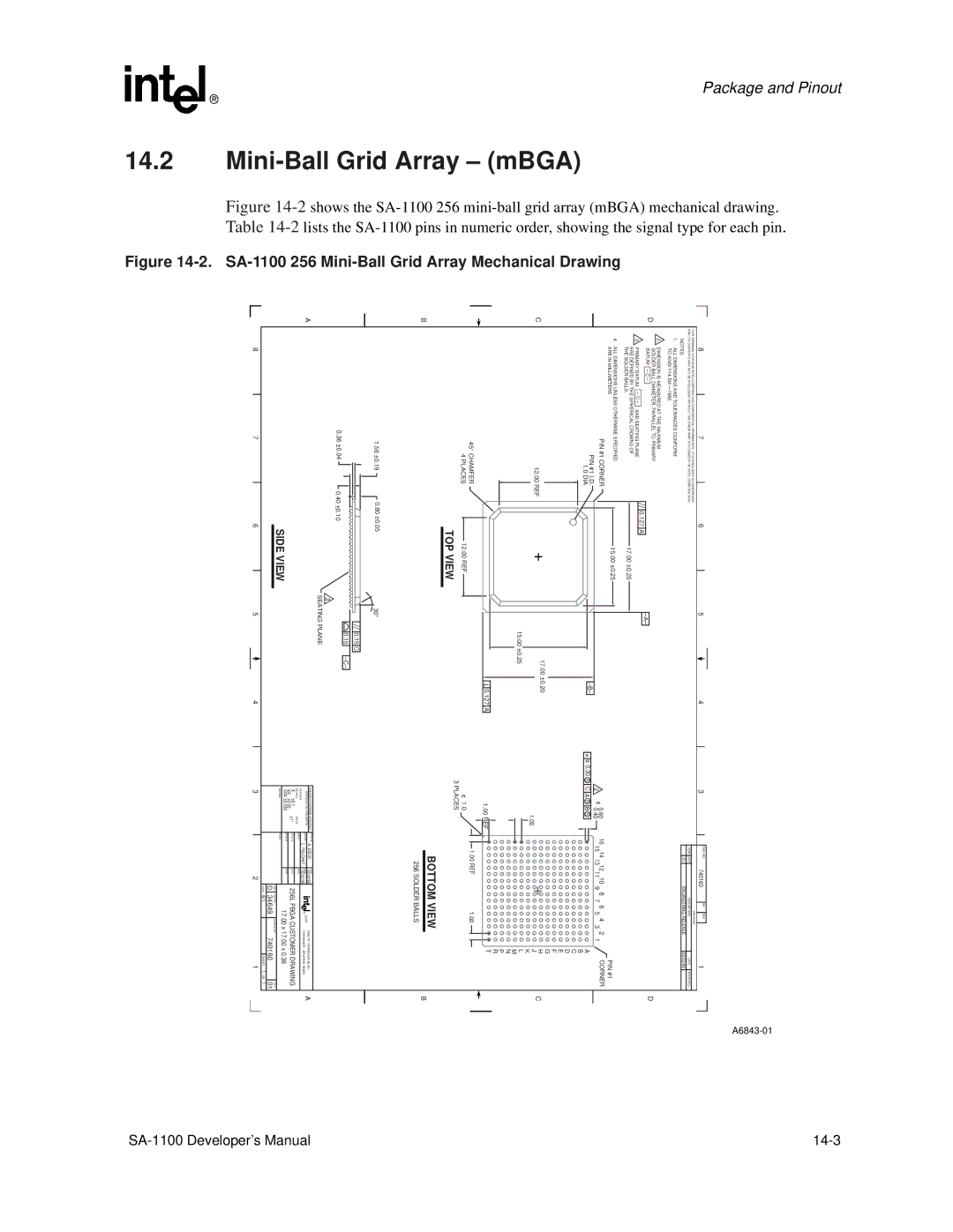 Intel manual Mini-Ball Grid Array mBGA, SA-1100 256 Mini-Ball Grid Array Mechanical Drawing 