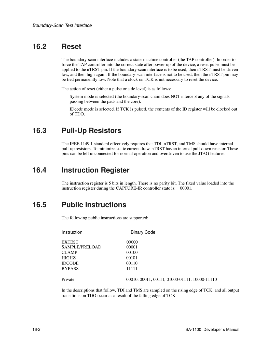 Intel SA-1100 manual Reset, Pull-Up Resistors, Instruction Register, Public Instructions, 16-2 