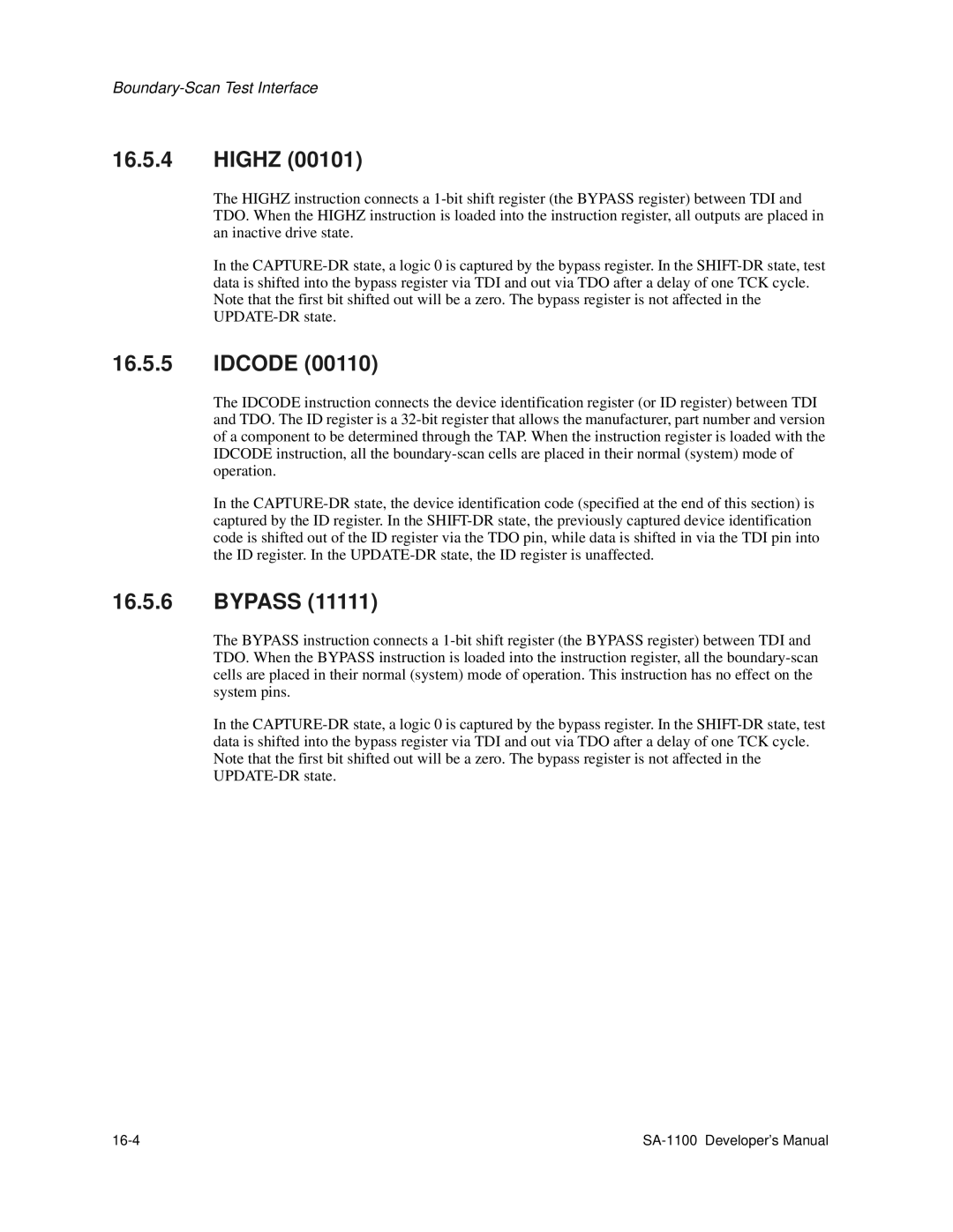 Intel SA-1100 manual Highz, Idcode, Bypass, 16-4 