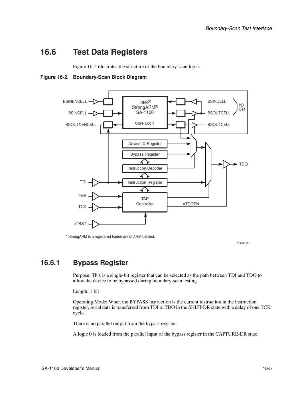 Intel SA-1100 manual Test Data Registers, Bypass Register 