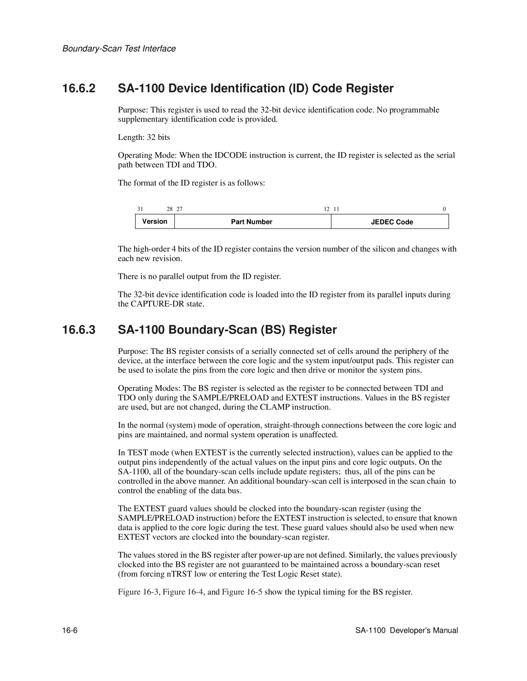 Intel manual 16.6.2 SA-1100 Device Identification ID Code Register, 16.6.3 SA-1100 Boundary-Scan BS Register, 16-6 