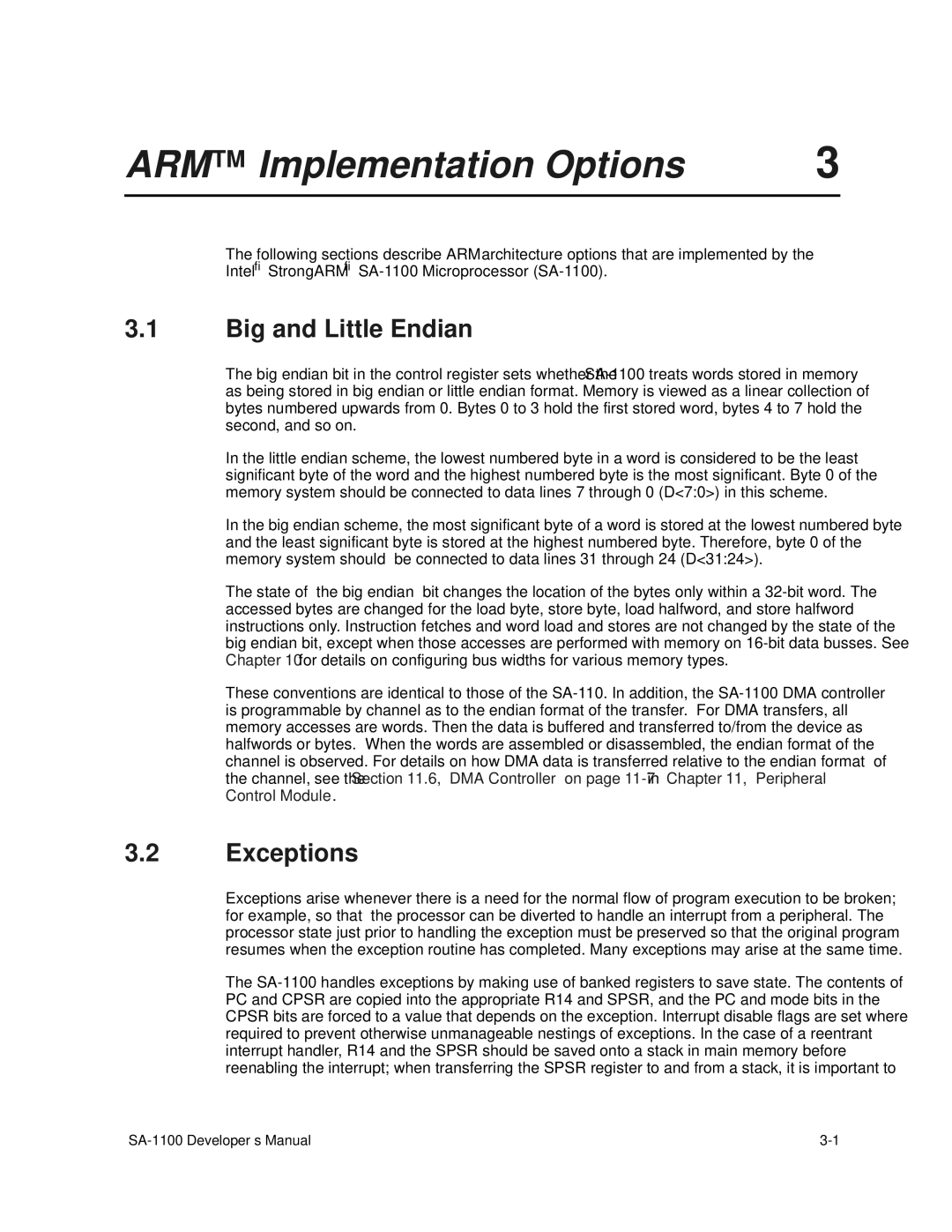 Intel SA-1100 manual ARM Implementation Options, Big and Little Endian, Exceptions 