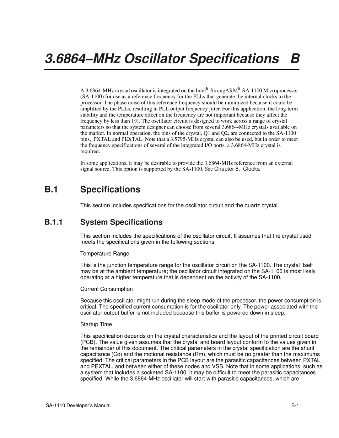 Intel SA-1100 manual MHz Oscillator Specifications B, System Specifications 