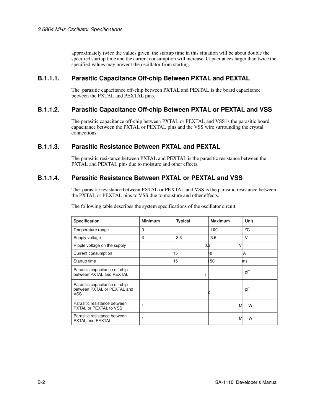 Intel SA-1100 manual MHz Oscillator Specifications, Specification Minimum Typical Maximum Unit 