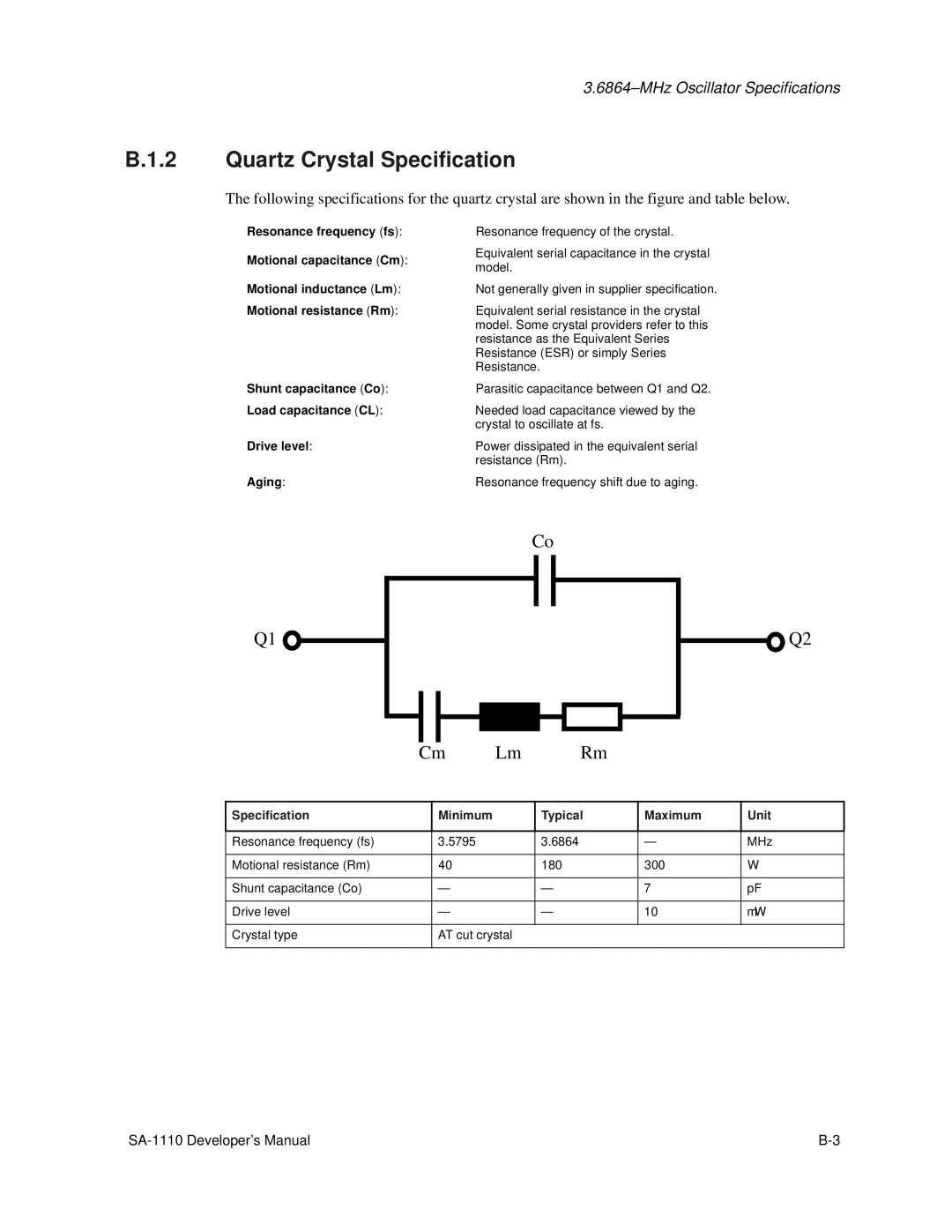 Intel SA-1100 manual Quartz Crystal Specification, Typical Maximum Unit 