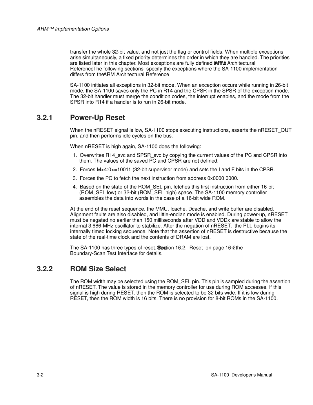 Intel SA-1100 manual Power-Up Reset, ROM Size Select 